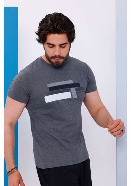 Erkek Antrasit Bisiklet Yaka Baskılı T-Shirt - 170