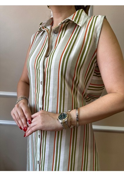 Haki Çizgili Arka Büzgülü Elbise indirimleri