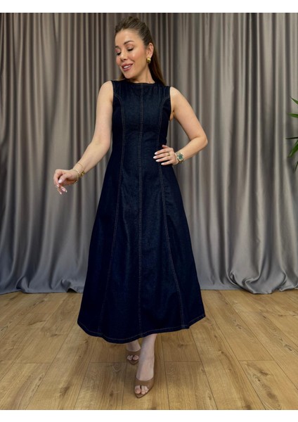 Dikiş Detaylı Dark Jean Elbise