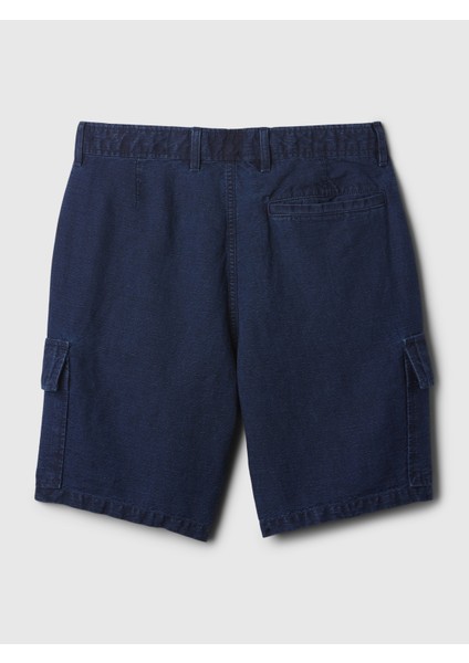 Erkek Lacivert 8" Keten Karışımlı Kargo Şort
