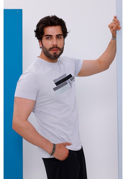 Erkek Beyaz Bisiklet Yaka Baskılı T-Shirt - 170 fırsatları