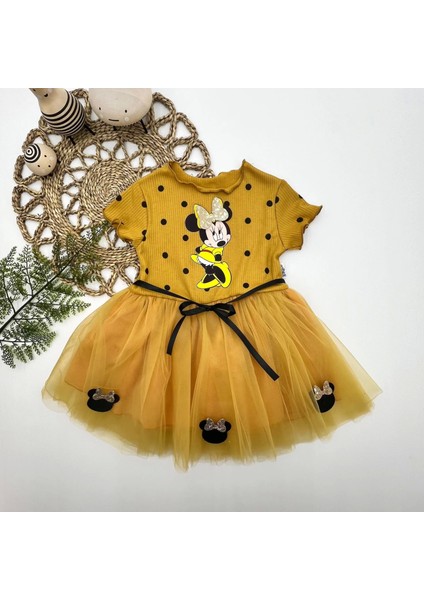 2-3-4 Yaş Puantiyeli Mickey Baskılı Kurdela Kuşaklı Astarlı Kız Bebek Tütü Elbisesi Hardal