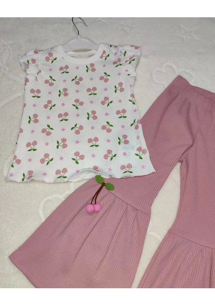 1-2-3-4 Yaş Kiraz Baskılı Tişört Ispanyol Paçalı Likralı 2li Kız Çocuk Takımı Gül Kurusu fiyatları