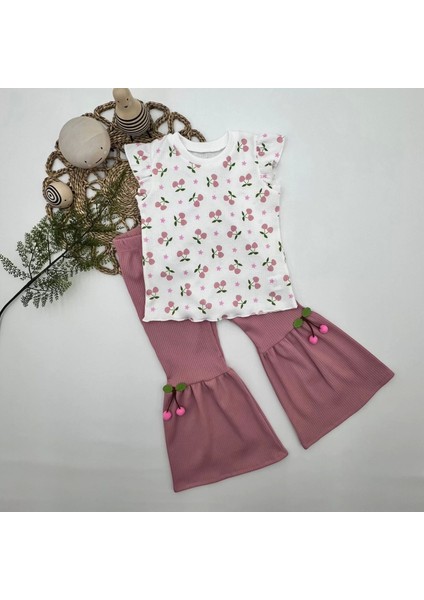 1-2-3-4 Yaş Kiraz Baskılı Tişört Ispanyol Paçalı Likralı 2li Kız Çocuk Takımı Gül Kurusu indirimleri