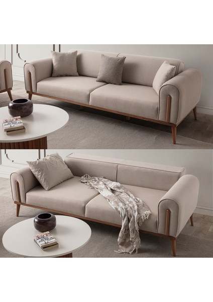 Riva 3'lü Koltuk Modern Tasarım Silinebilir Kumaş Sütlü Kahve 224x90 cm