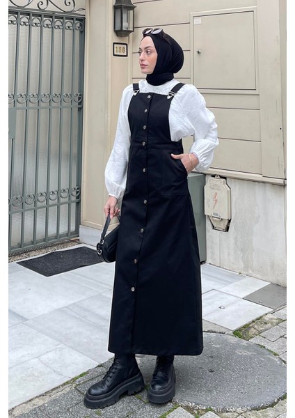 Önü Boydan Düğmeli Salopet Siyah