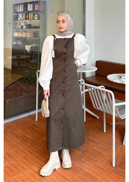 Önü Boydan Düğmeli Salopet Koyu Yeşil