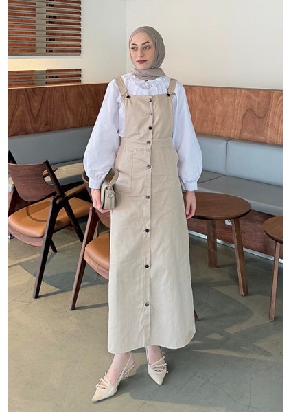 Önü Boydan Düğmeli Salopet Krem