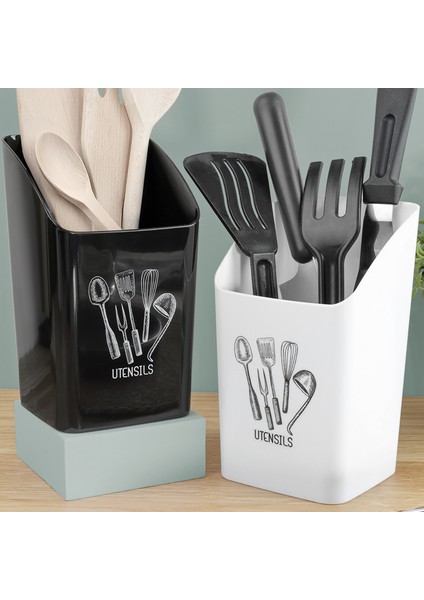 2'li Tezgah Üstü Kaşıklık - Mutfak Organizer Düzenleyici Kepçelik Kaşık Bıçak Standı Siyah Beyaz