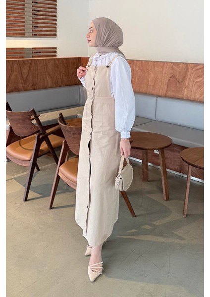 Önü Boydan Düğmeli Salopet Krem fırsatları