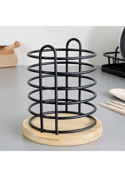 Bambu Tabanlı Metal Kaşıklık - Tezgah Üstü Dik Kaşıklık Mutfak Düzenleyici Dekoratif Organizer