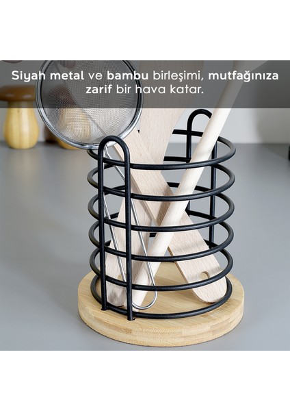Bambu Tabanlı Metal Kaşıklık - Tezgah Üstü Dik Kaşıklık Mutfak Düzenleyici Dekoratif Organizer modelleri