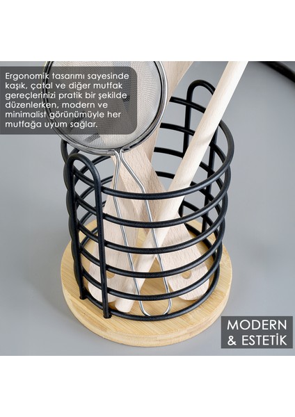 Bambu Tabanlı Metal Kaşıklık - Tezgah Üstü Dik Kaşıklık Mutfak Düzenleyici Dekoratif Organizer fırsatları