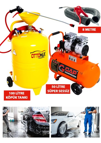 pro Oto Yıkamacılara ve Galericilere Özel Set 100 Litre Köpük Tankı 50 Litre Sessiz Kompresör