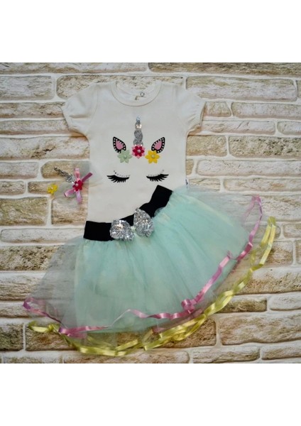 9-12-18 Ay Payetli Pony Nakışlı Tokalı Kısa Kollu Tütü Etek 3lü Kız Bebek Takımı Su Yeşili