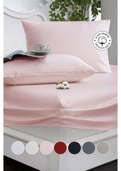 %100 Pamuk Çizgili Saten Tek / Çift Kişilik Lastikli Çarşaf Seti |100X200|160X200|180X200