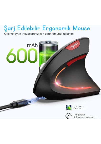 T22 Ergonomik Oyuncu Mouse 2400 Dpı 600 Mah Batarya 2 Modlu Bt + 2.4g