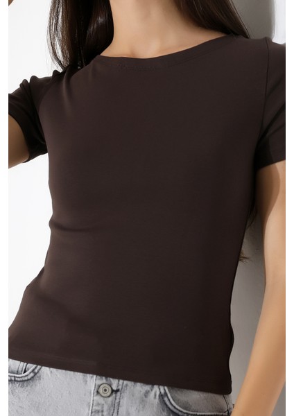 Ribana Kumaş Kayık Yaka Kısa Kol Basic Kadın T-Shirt 21996 Kahve fiyatları