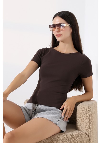 Ribana Kumaş Kayık Yaka Kısa Kol Basic Kadın T-Shirt 21996 Kahve modelleri