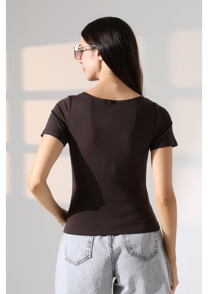 Ribana Kumaş Kayık Yaka Kısa Kol Basic Kadın T-Shirt 21996 Kahve fırsatları