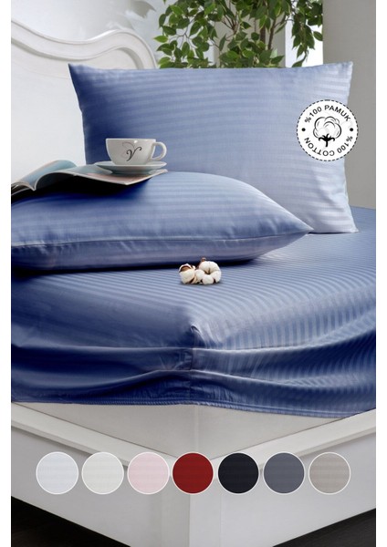 %100 Pamuk Çizgili Saten Tek / Çift Kişilik Lastikli Çarşaf Seti |100X200|160X200|180X200