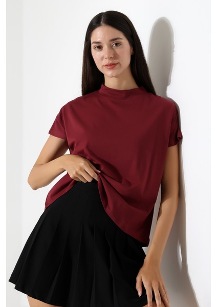 Dik Yaka Pamuklu T-Shirt 19588 Bordo modelleri