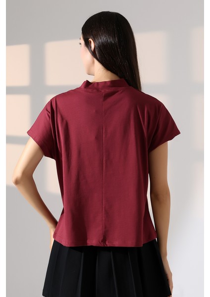 Dik Yaka Pamuklu T-Shirt 19588 Bordo fırsatları