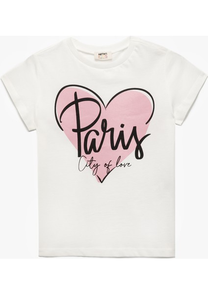 Kısa Kollu Bisiklet Yaka Baskılı Pamuklu Tişört