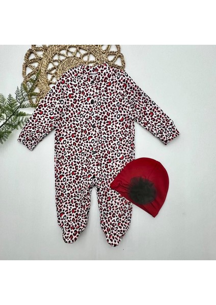 0-3-6-9 Ay Leopar Baskılı Tam Boy Çıtçıtlı Patikli Güllü Boneli Kız Bebek Tulumu Bordo