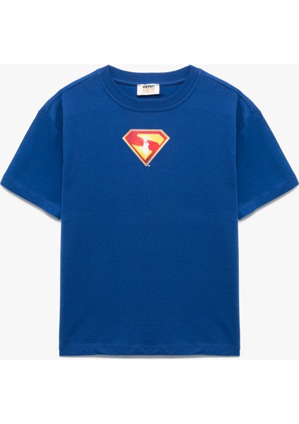 Pamuklu Kısa Kollu Bisiklet Yaka Lisanslı Arkası Superman Baskılı Tişört