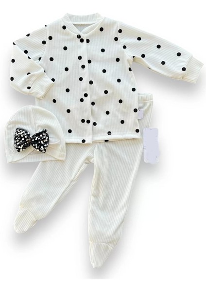 3-6-9-12 Ay Puantiyeli Şapkalı Çıtçıt Kapamalı Patikli 3lü Kız Bebek Takımı Beyaz
