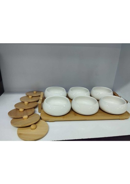 Beyaz 13 Parçalık Bambu Kapaklı Porselen Kahvaltılık Takımı