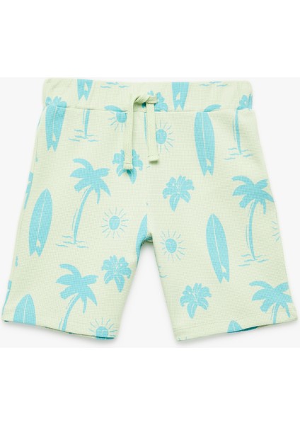 Pamuklu Sörf Temalı Palmiye Baskılı Normal Bel Bermuda Şort