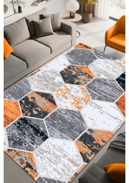 Tururuncu Geometrik Bal Peteği Desenli Yazlık Halısı Dijital Baskılı Antialerjik Yıkanabilir Kaymaz Banyo Halısı