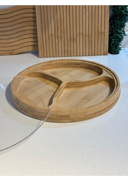 3 Bölmeli Bambu Çerezlik ve Kahvaltılık, 28 cm, Kahverengi, Kapaklı, Şık Tasarım