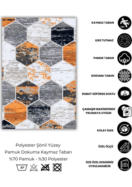 Tururuncu Geometrik Bal Peteği Desenli Yazlık Halısı Dijital Baskılı Antialerjik Yıkanabilir Kaymaz Banyo Halısı