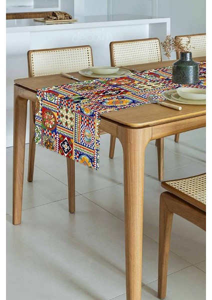 Sicily Italyan Çini Stili Lazer Kesim Dikişsiz Runner - 48X135CM