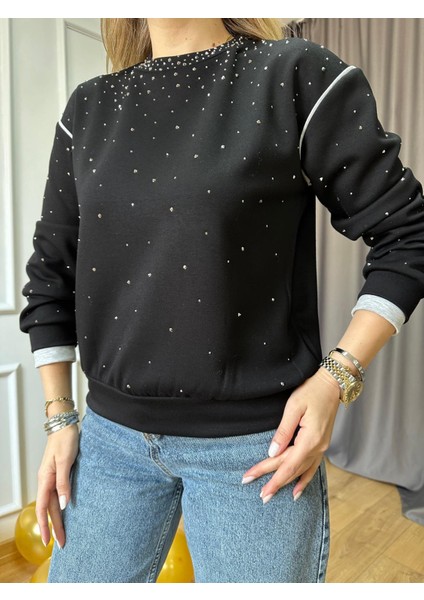 Siyah Önü Taşlı Sweatshirt