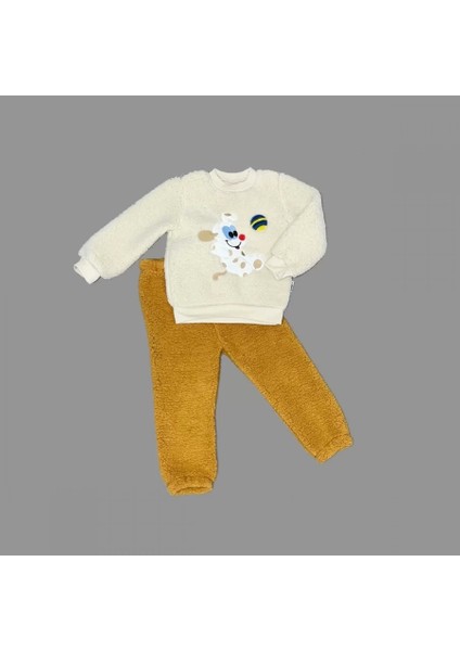 1-2-3 Yaş Toplu Köpek Nakışlı Kuzu Kumaş Sweat Pantolonlu Uzun Kollu Kız Erkek Bebek Takımı Hardal