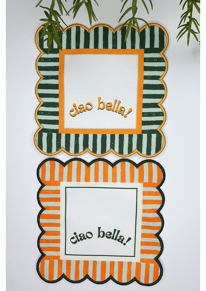 Ciao Bella Line Tasarım Hardal Yeşil Nakış Kenar Kokteyl Peçetesi 2 Adet