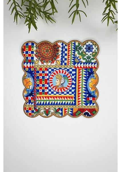 Sicily Italyan Çini Tarzı Tasarımlı Nakış Kenar Kumaş Kokteyl Peçetesi 1 Adet