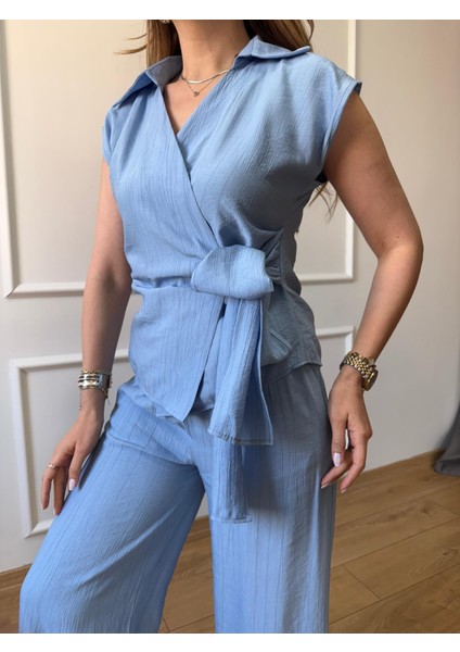 Mavi Önden Bağlama Detaylı Takım