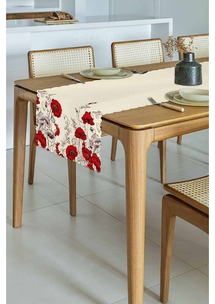 Kırmızı Gelincik Çiçek ve Slogan Tasarımlı Lazer Kesim Runner - 48X135CM