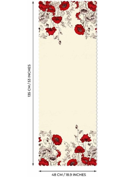 Kırmızı Gelincik Çiçek ve Slogan Tasarımlı Lazer Kesim Runner - 48X135CM