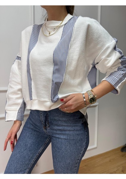 Ekru Çizgi Detaylı Sweatshirt