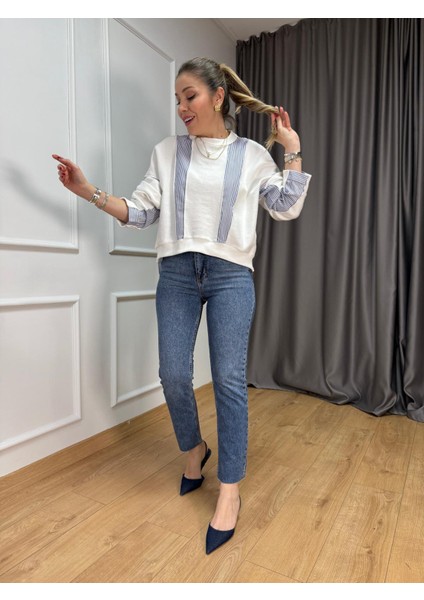 Ekru Çizgi Detaylı Sweatshirt fiyatları