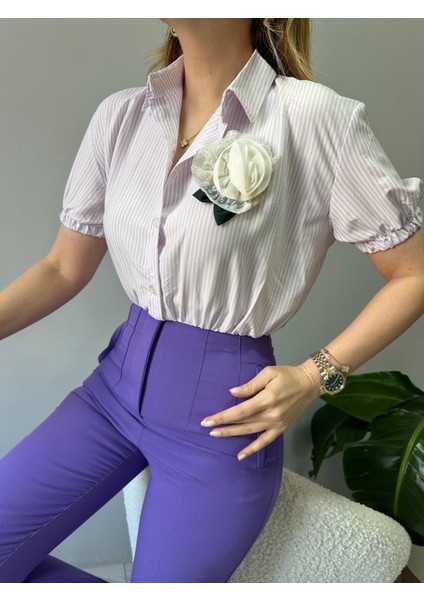 Lila Beyaz Gül Çizgili Gömlek modelleri