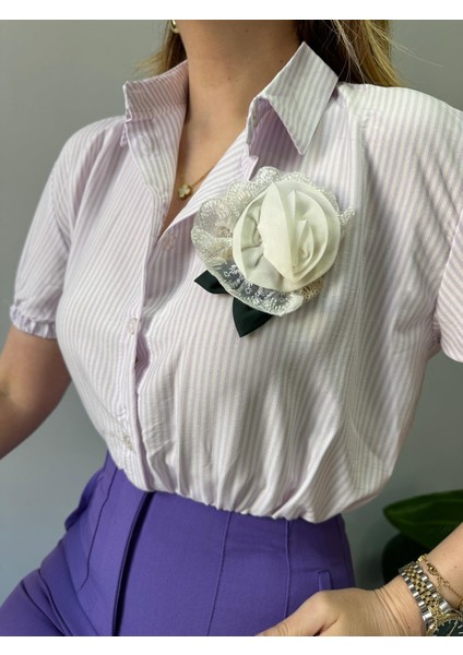 Lila Beyaz Gül Çizgili Gömlek indirimleri