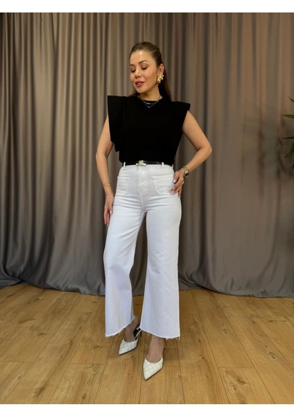 Orj. Marka Beyaz Bol Paça Flare Jean