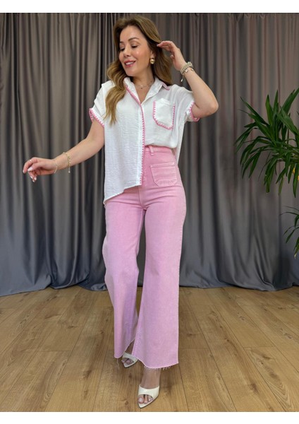 Ekru Pembe Nakışlı Gömlek